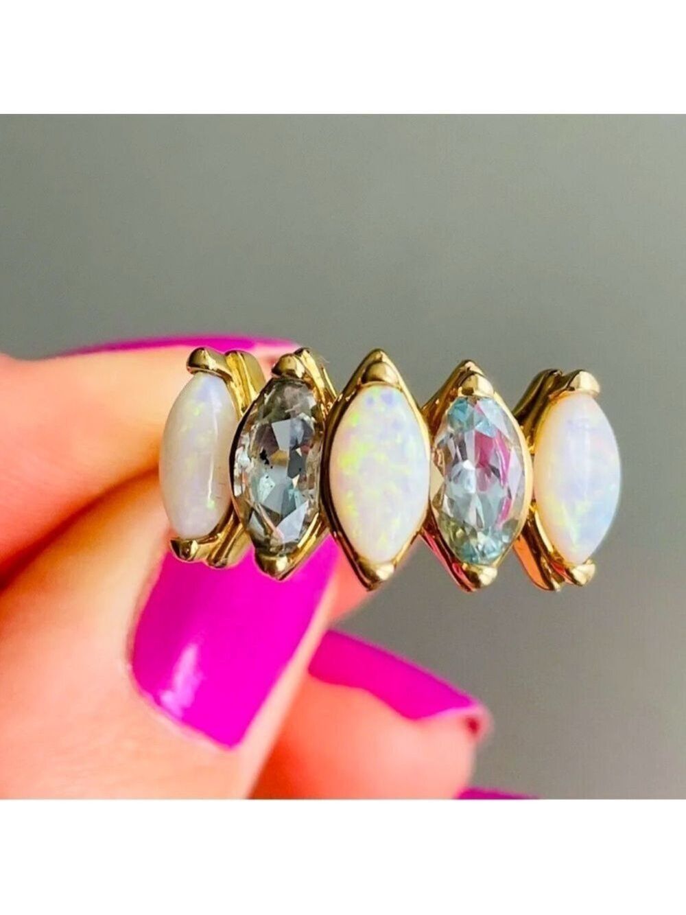 14K Gold Opal & Blue Topaz Marquise Cut Channel Ring